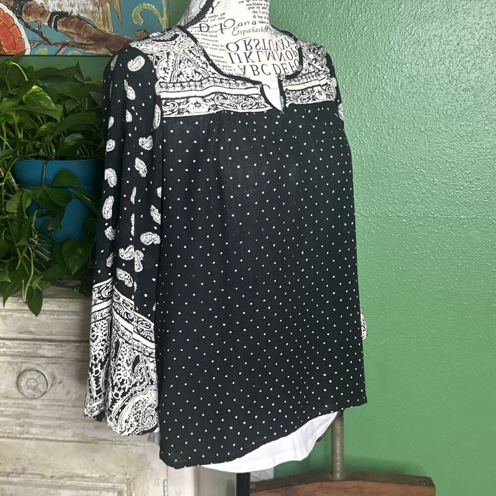 Boho Angie Peasan Blouse Size Small Black & White Folk Gypsie Festival